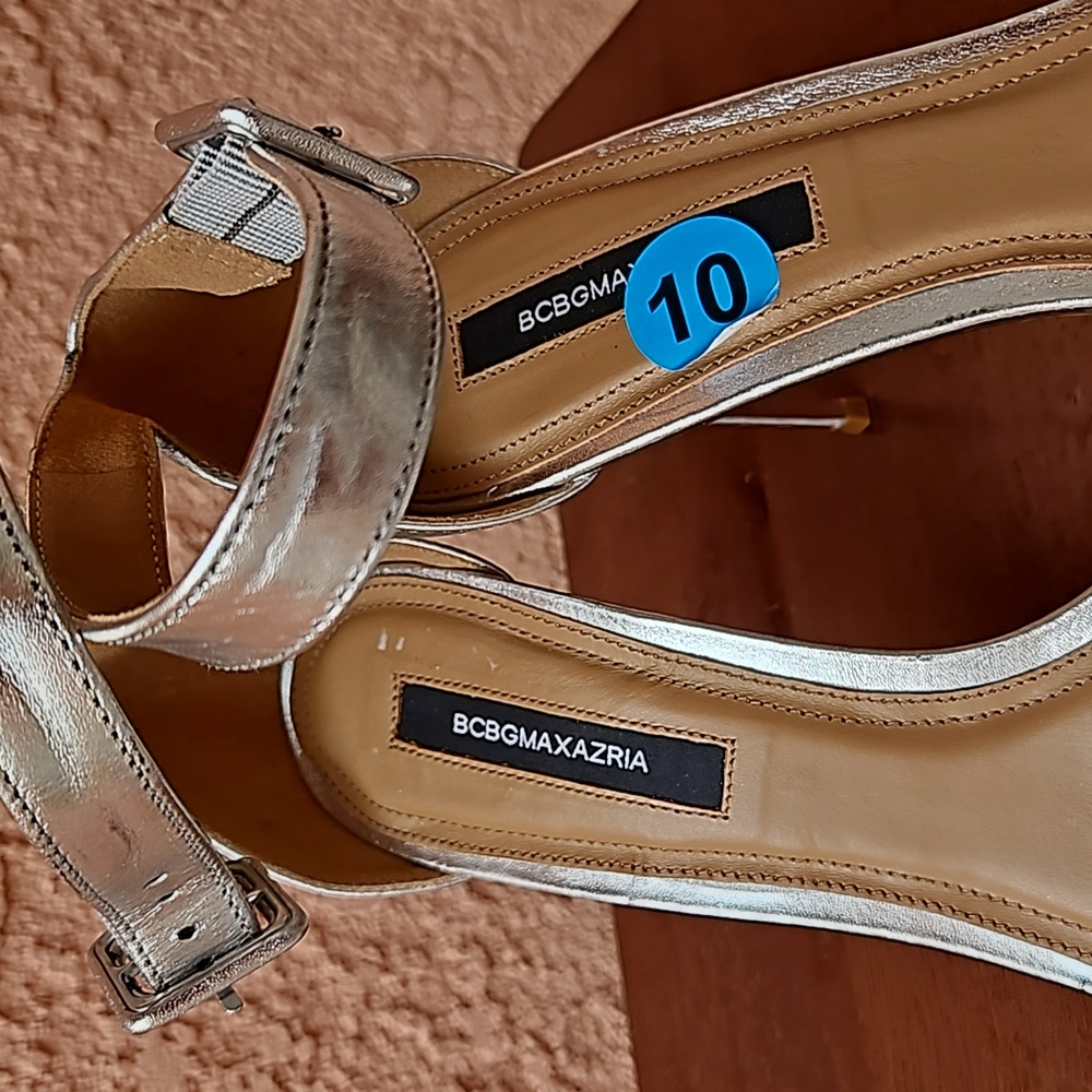 BCBGmaxazria Lucy Leather Heeled Stiletto Sandals In Silver Size 10 - Picture 10 of 15